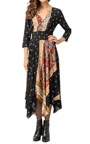DESIGUAL Gelia Women Dress EU42 L Patterned Asymmetric 3/4 Sleeve Midi