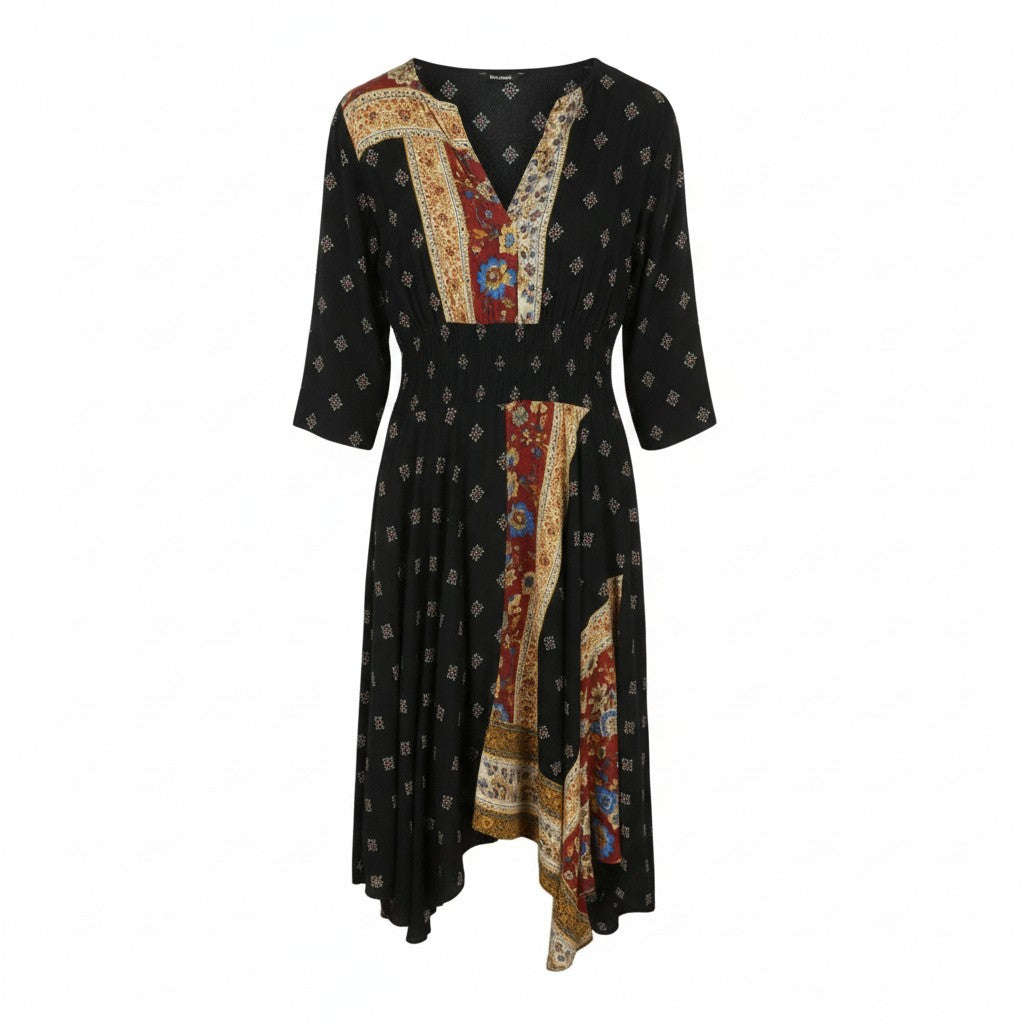 DESIGUAL Gelia Women Dress EU42 L Patterned Asymmetric 3/4 Sleeve Midi