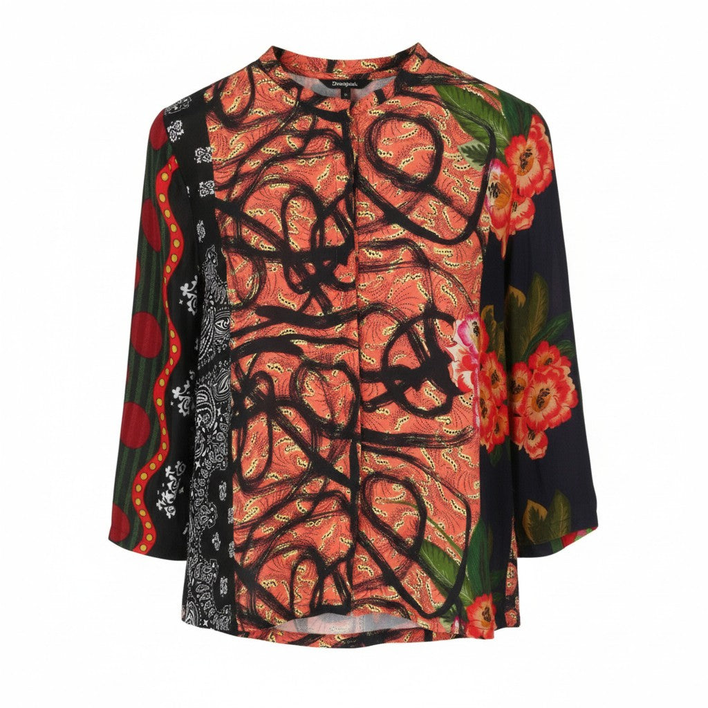 DESIGUAL Jenica Women Blouse L Colourful Ethnic Print Button 3/4 Roll Sleeve