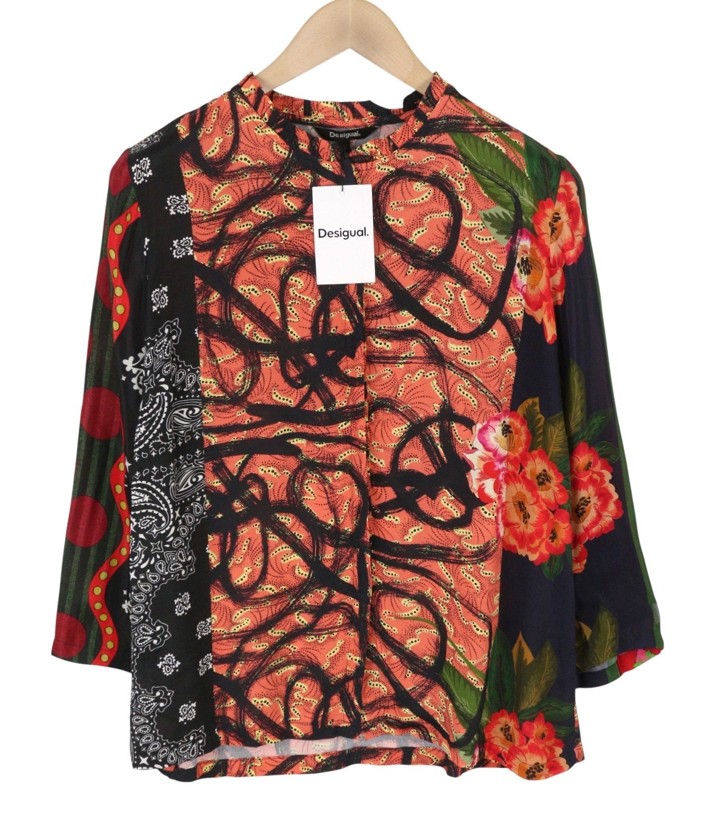 DESIGUAL Jenica Women Blouse L Colourful Ethnic Print Button 3/4 Roll Sleeve