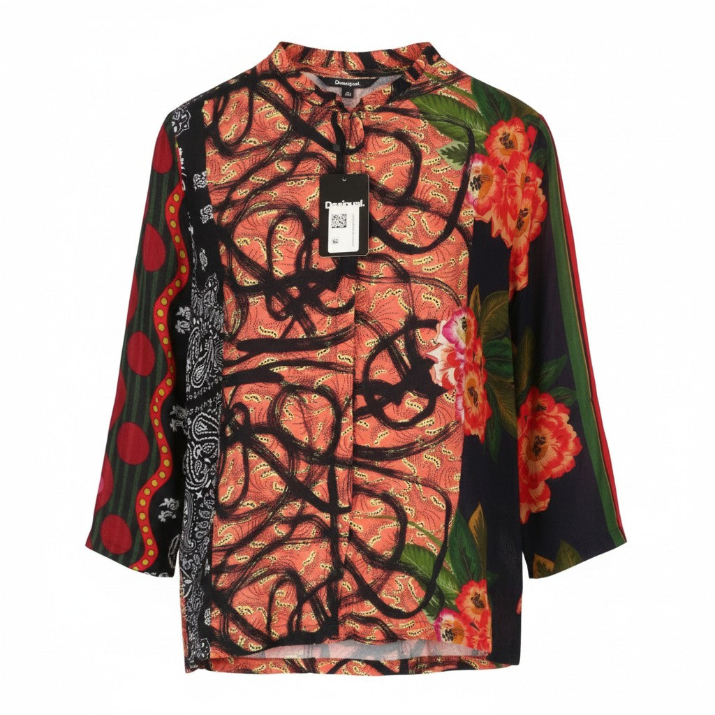 DESIGUAL Jenica Women Blouse 2XL Colourful Ethnic Print Roll-Tab 3/4 Sleeve