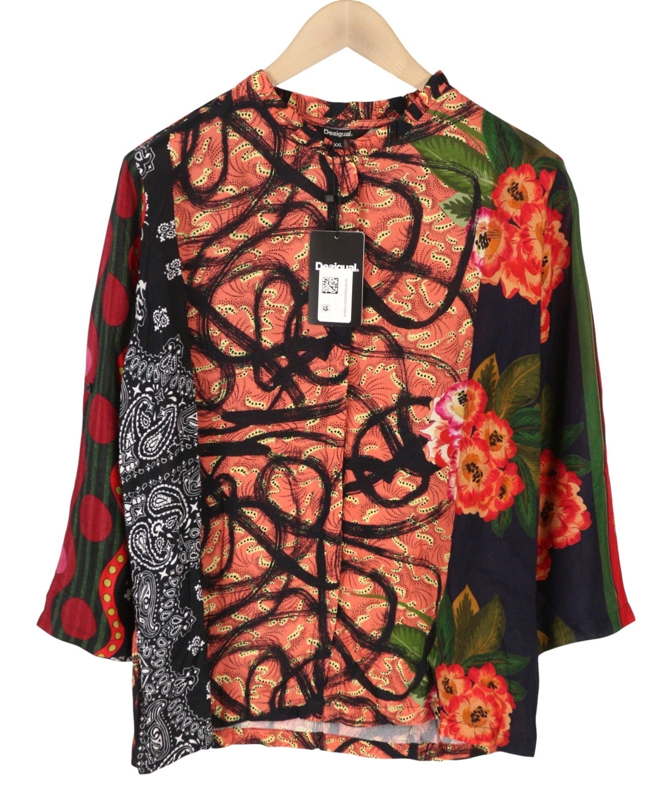 DESIGUAL Jenica Women Blouse 2XL Colourful Ethnic Print Roll-Tab 3/4 Sleeve