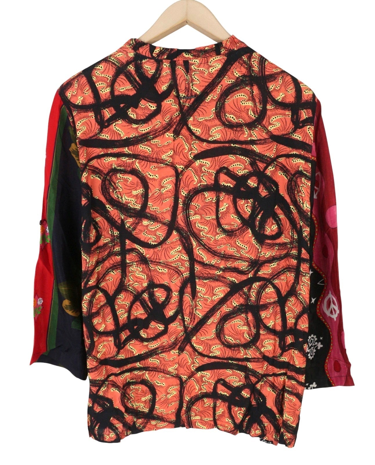 DESIGUAL Jenica Women Blouse 2XL Colourful Ethnic Print Roll-Tab 3/4 Sleeve
