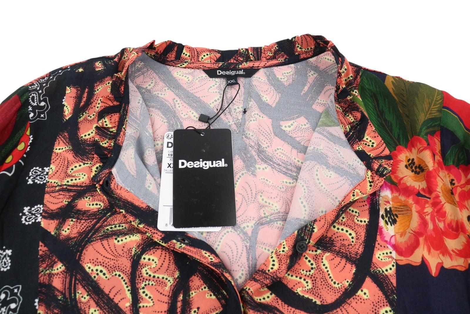 DESIGUAL Jenica Women Blouse 2XL Colourful Ethnic Print Roll-Tab 3/4 Sleeve