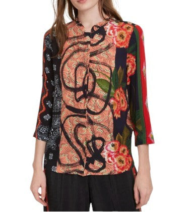 DESIGUAL Jenica Women Blouse 2XL Colourful Ethnic Button Roll-Tab 3/4 Sleeve