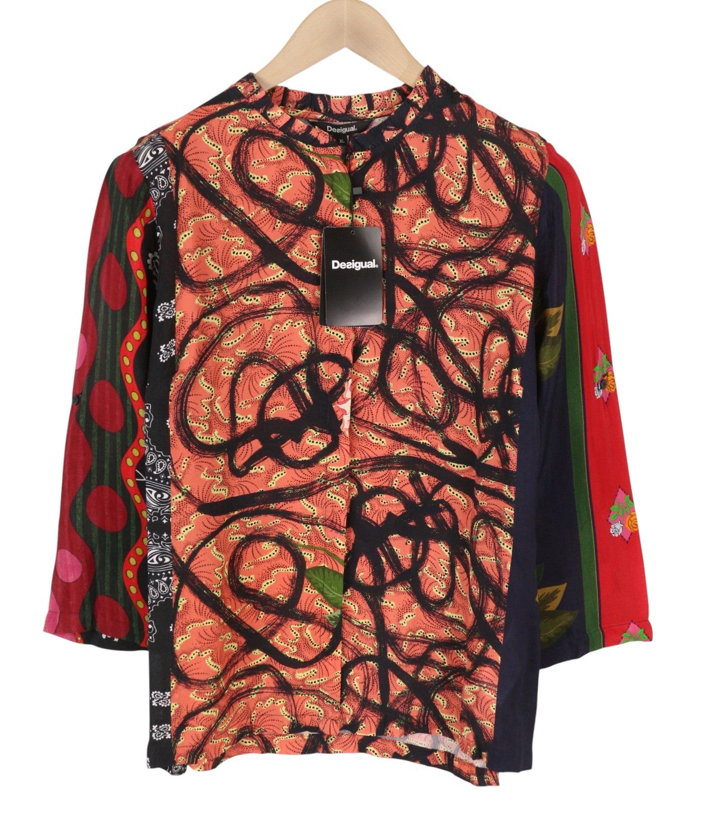 DESIGUAL Jenica Women Blouse 2XL Colourful Ethnic Button Roll-Tab 3/4 Sleeve