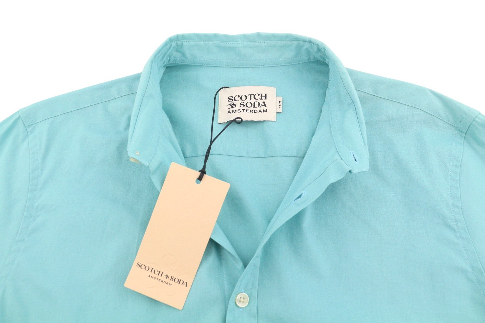 SCOTCH & SODA Men Shirt M Sea Blue Cotton Slim Spread Collar Button Up