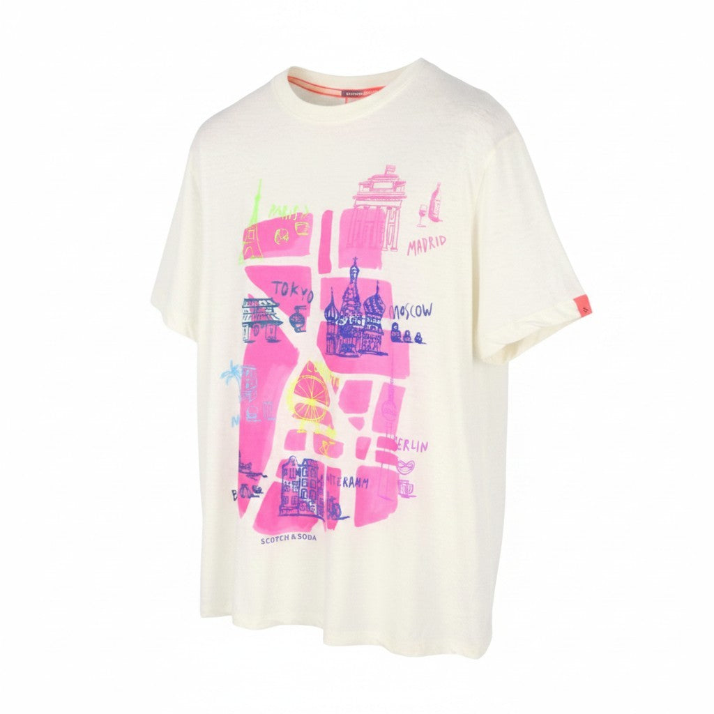 SCOTCH & SODA Men T-Shirt M White Country Name Print Linen Blend Short Sleeve