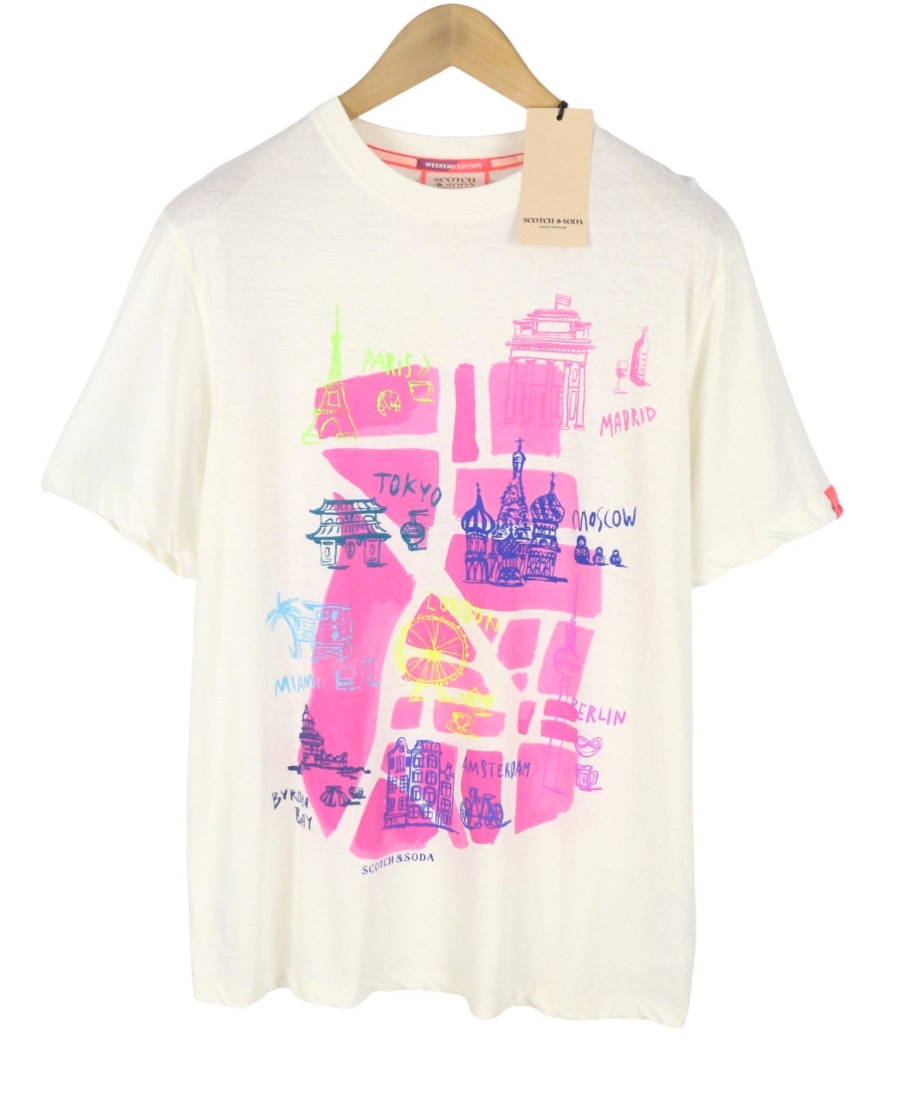 SCOTCH & SODA Men T-Shirt M White Country Name Print Linen Blend Short Sleeve