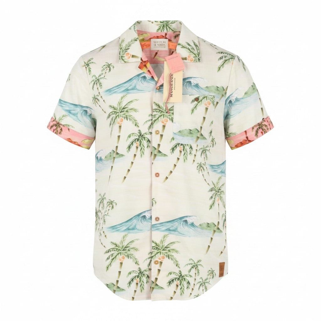 SCOTCH & SODA Men Shirt M Beige Palm Tree Printed Button Up Short Sleeve