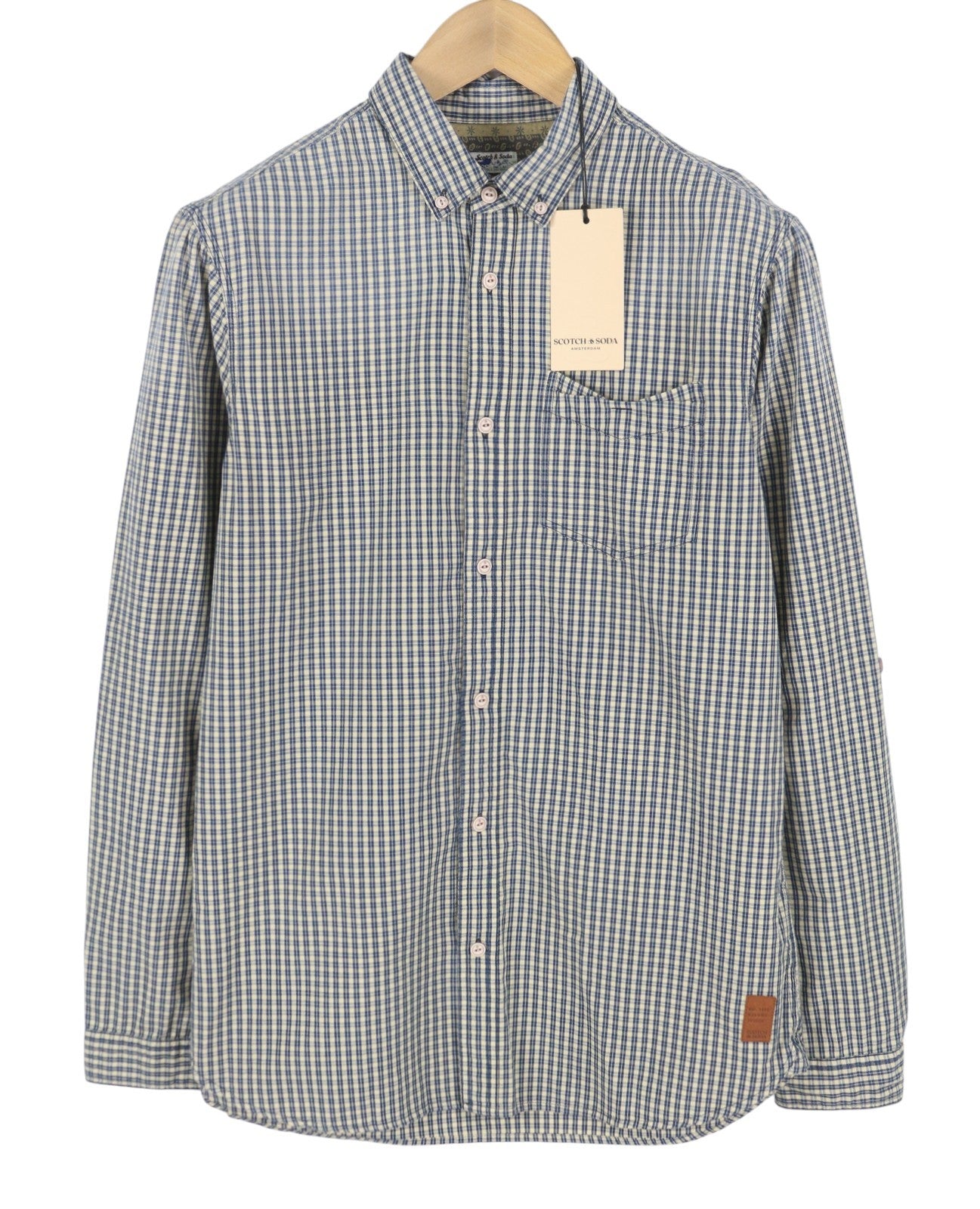 SCOTCH & SODA Men Shirt M Blue Plaid Button Down Patch Pocket Roll-Up Sleeves