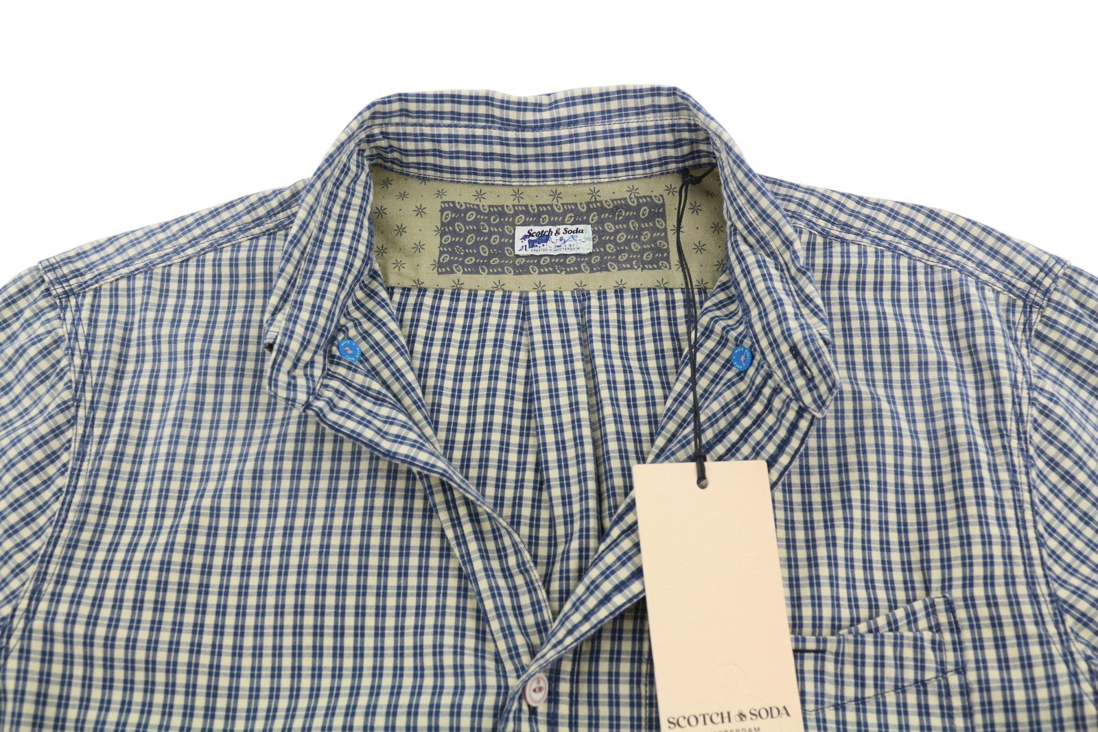 SCOTCH & SODA Men Shirt M Blue Plaid Button Down Patch Pocket Roll-Up Sleeves