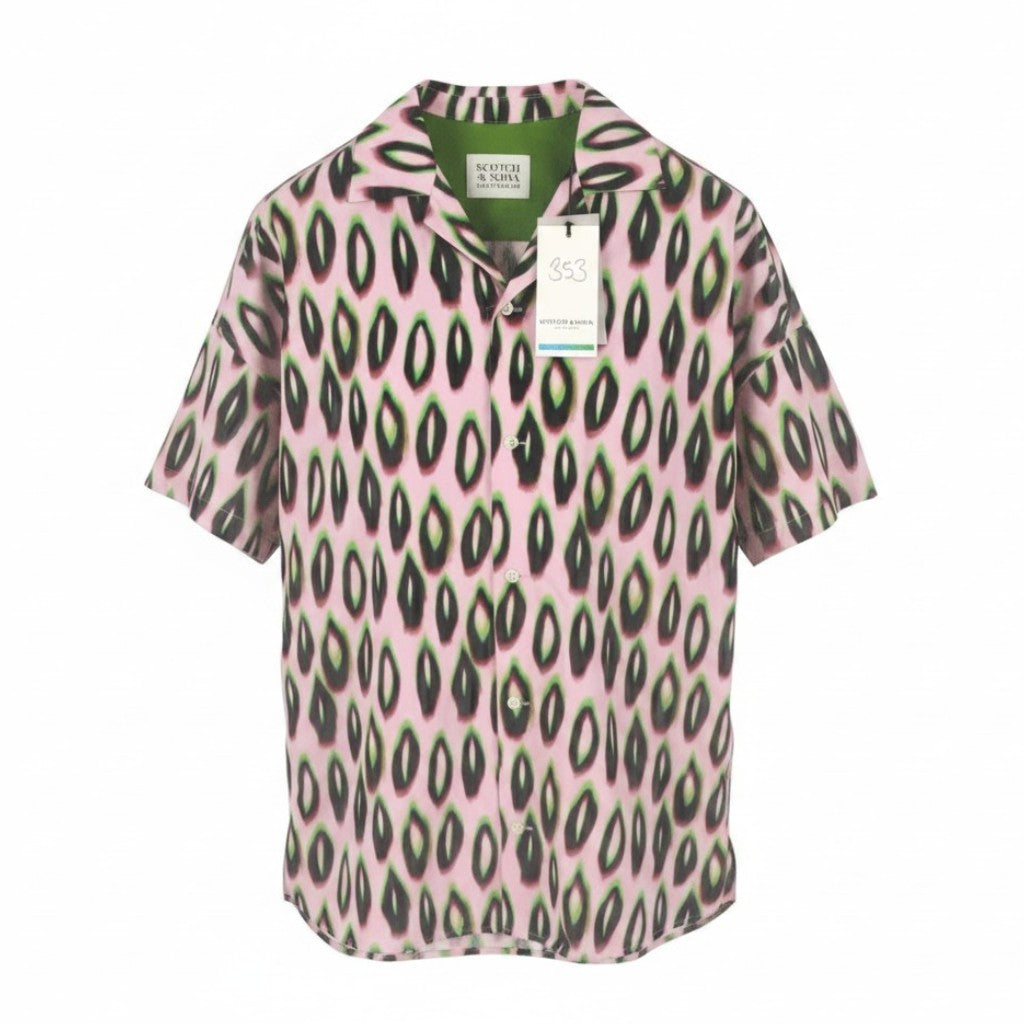 SCOTCH & SODA Men Shirt L Pink Leopard Print Button Up Notch Short Sleeve