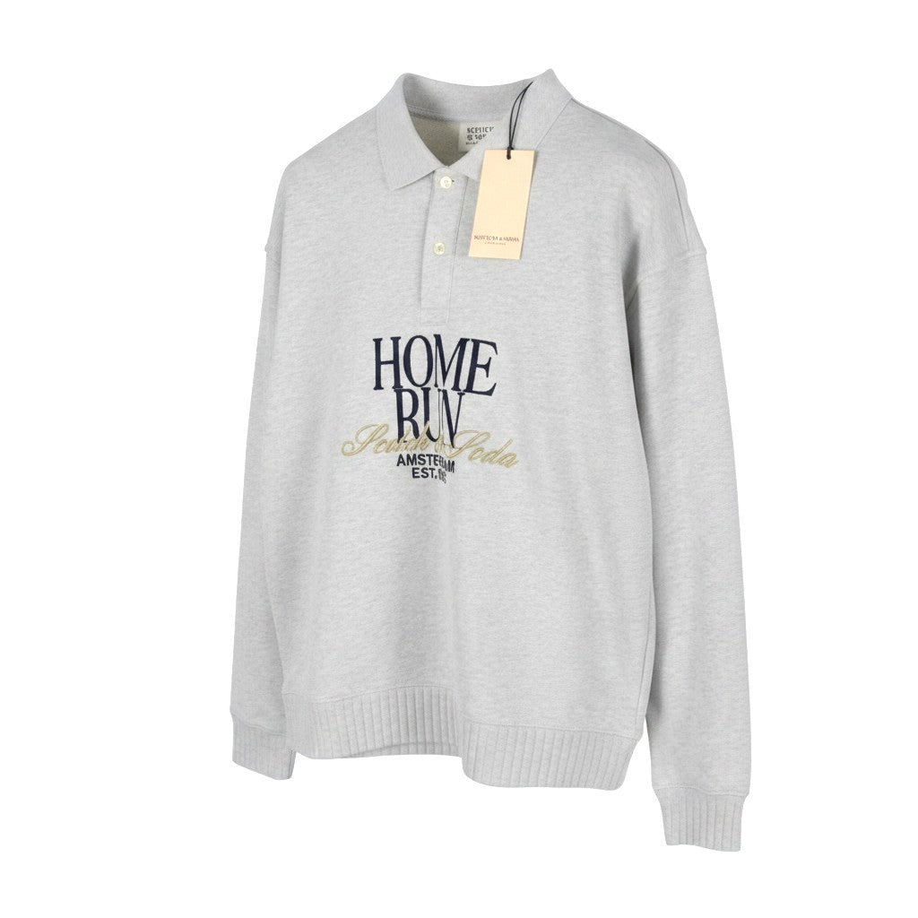 SCOTCH & SODA Men Sweatshirt L Grey Melange Polo Half Button Collar Pull On