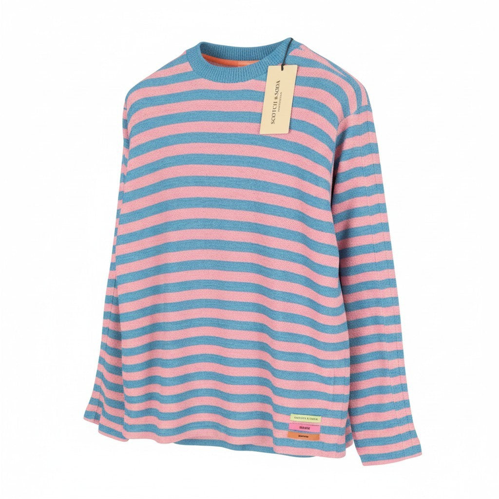SCOTCH & SODA Men Sweatshirt M Striped Crew Collar Soft Pink & Blue Pull On