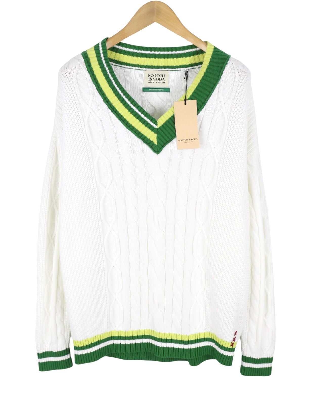 SCOTCH & SODA Men Jumper L White Oversized Cable Knit V-Neck Pull On