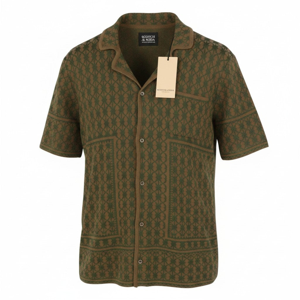SCOTCH & SODA Men Shirt M Brown Patterned Jacquard Knit Button Up Short Sleeve