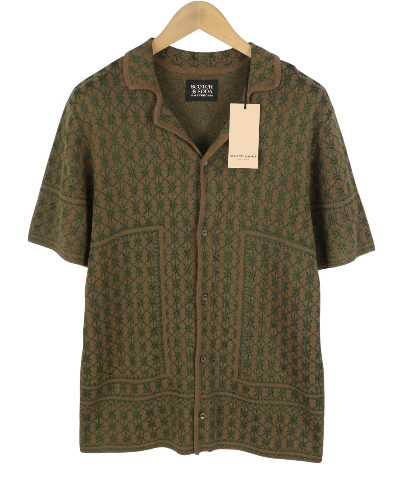 SCOTCH & SODA Men Shirt M Brown Patterned Jacquard Knit Button Up Short Sleeve