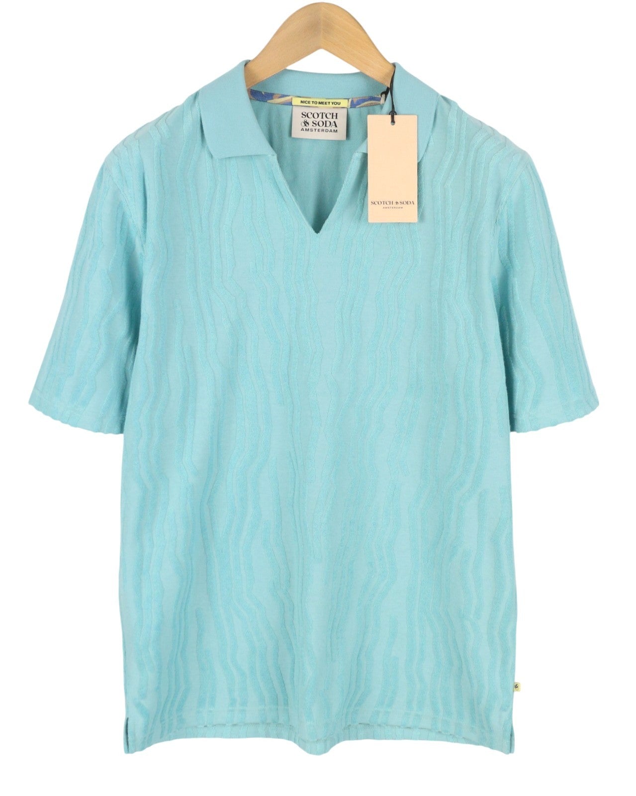 SCOTCH & SODA Men Polos M Blue Jacquard Cotton Terry Relaxed Fit Short Sleeve