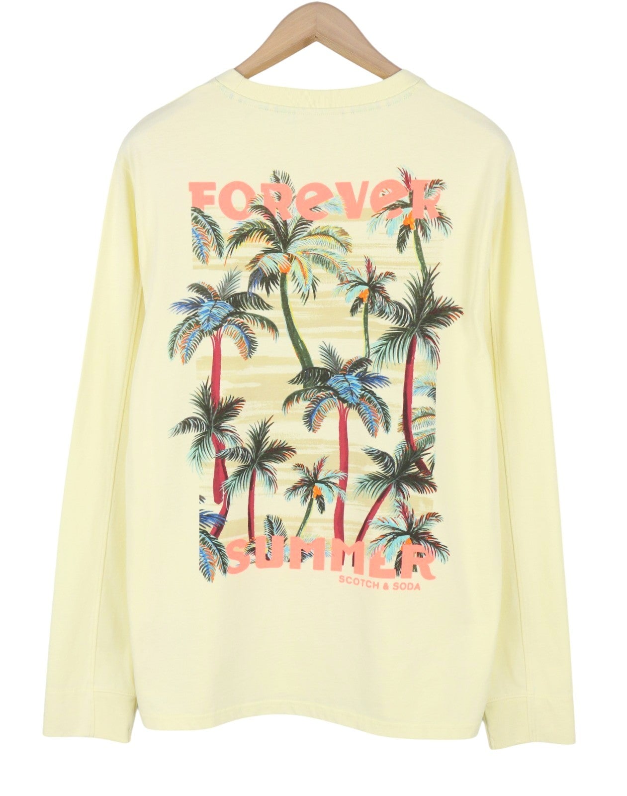 SCOTCH & SODA Men T-Shirt L Yellow Summer Palm Tree Print Crew Neck Long Sleeve