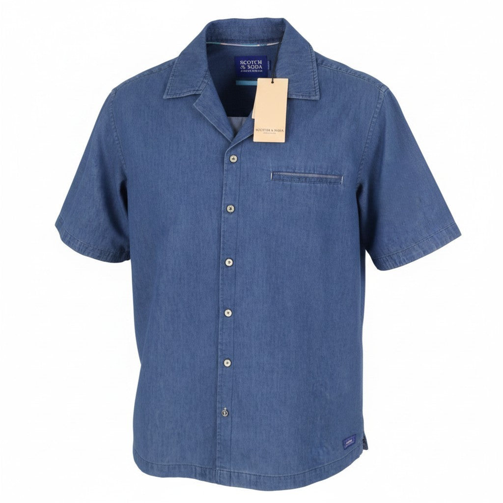 SCOTCH & SODA Men Shirt L Blue Denim Look Relaxed Fit Button Up Short Sleeve