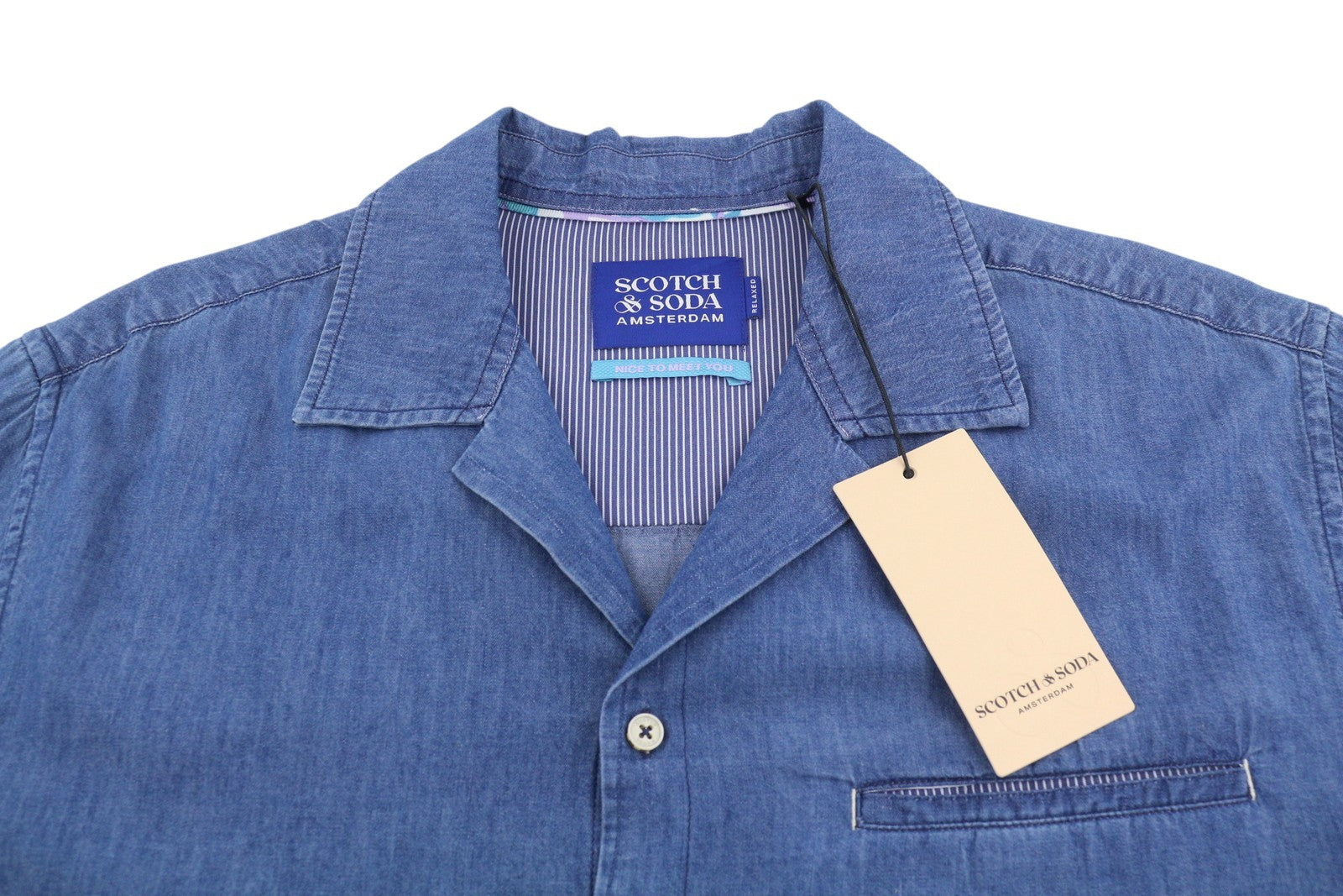 SCOTCH & SODA Men Shirt L Blue Denim Look Relaxed Fit Button Up Short Sleeve
