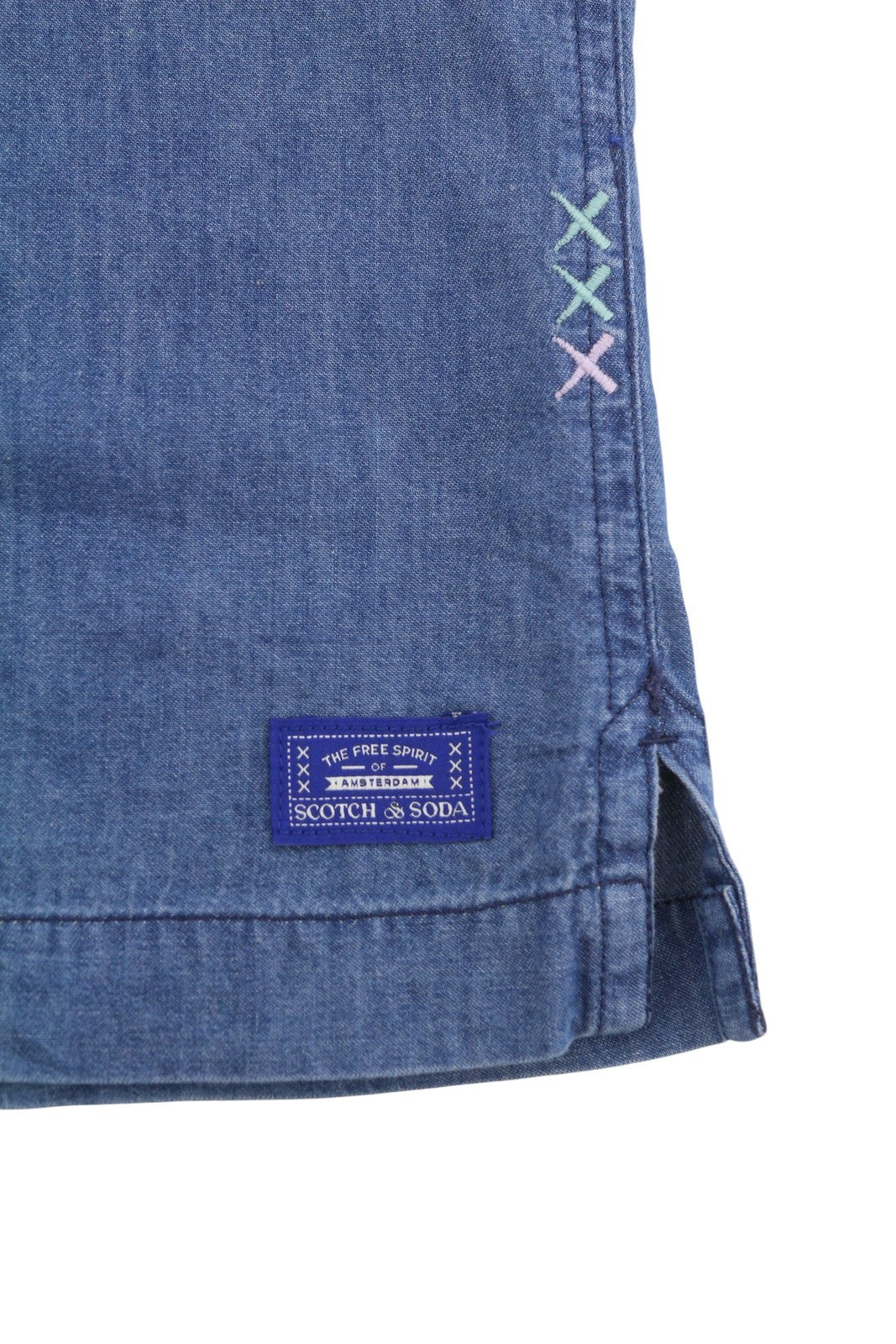 SCOTCH & SODA Men Shirt L Blue Denim Look Relaxed Fit Button Up Short Sleeve