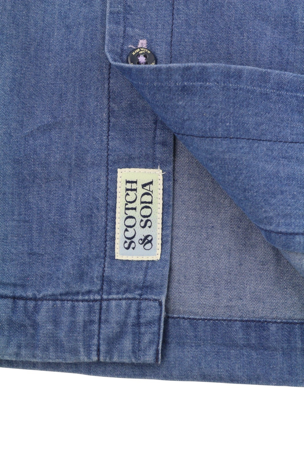 SCOTCH & SODA Men Shirt L Blue Denim Look Relaxed Fit Button Up Short Sleeve