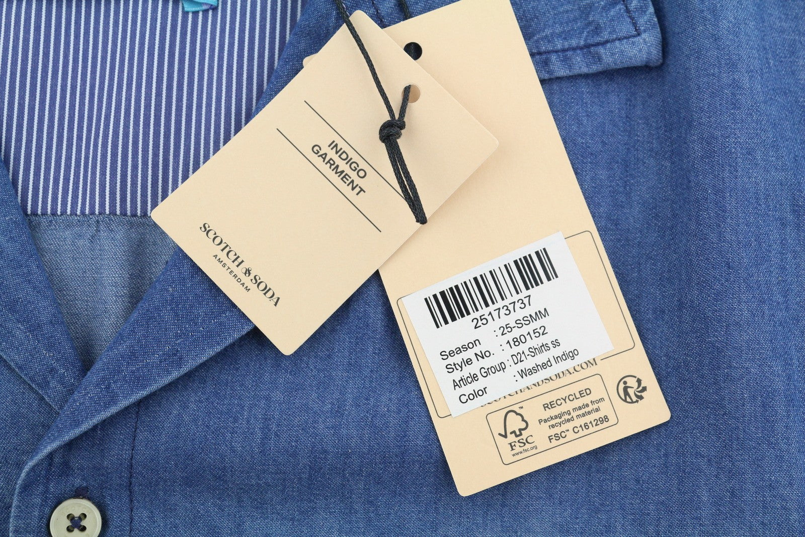 SCOTCH & SODA Men Shirt L Blue Denim Look Relaxed Fit Button Up Short Sleeve