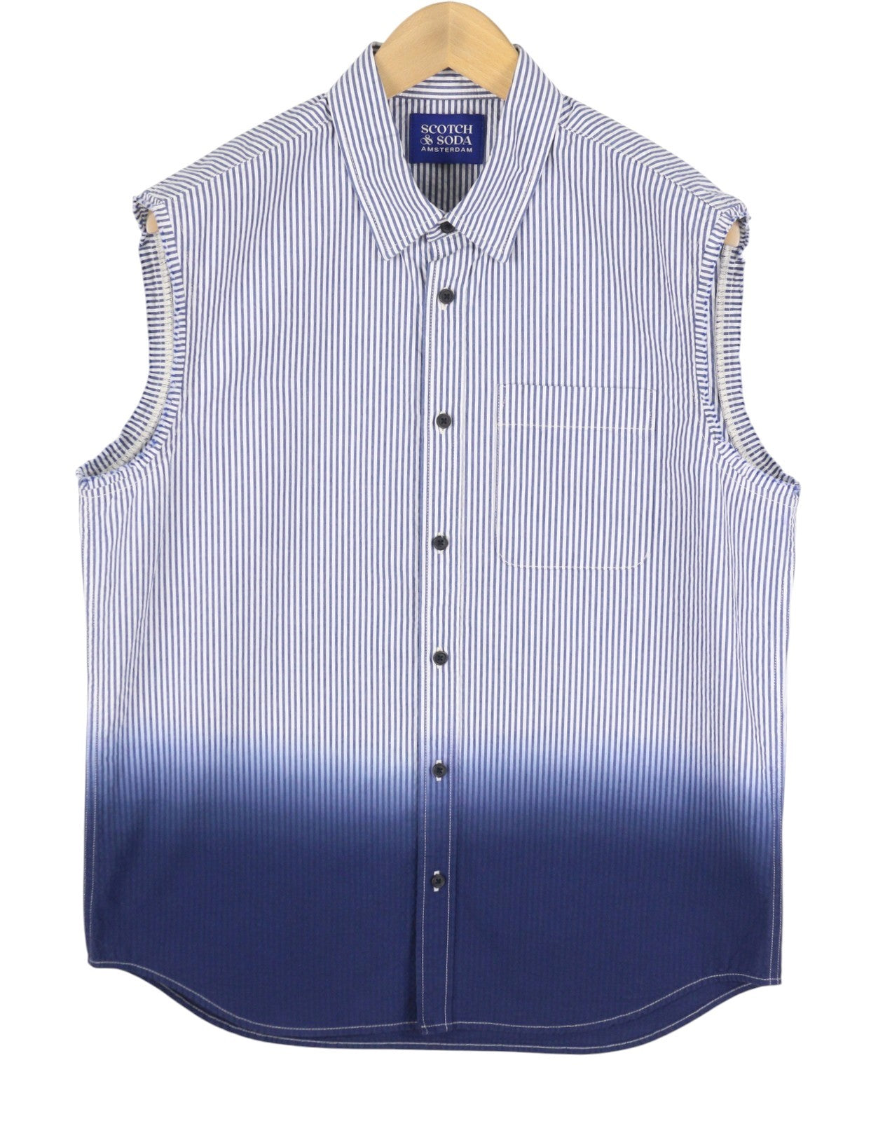 SCOTCH & SODA Men Shirt L Blue Pinstriped Button Up Patch Pocket Sleeveless