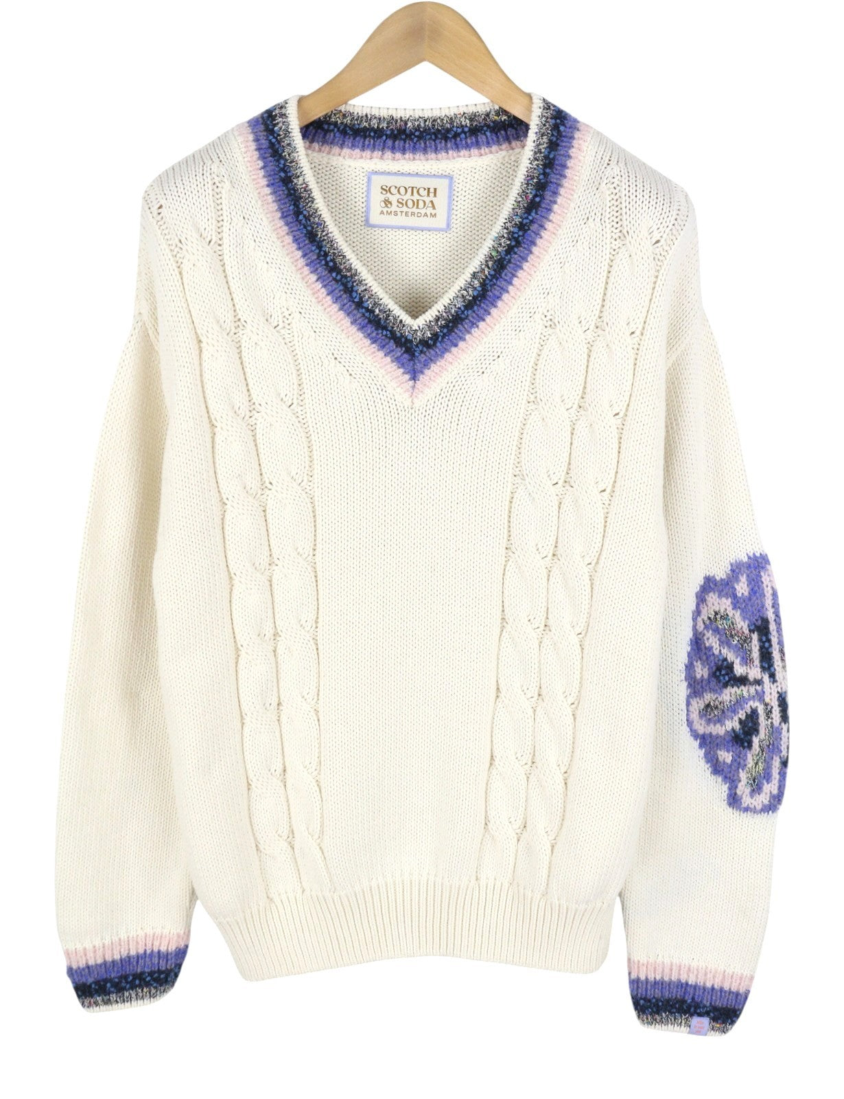 SCOTCH & SODA Men Jumper M White Oversized Cable Knit V-Neck Pull On