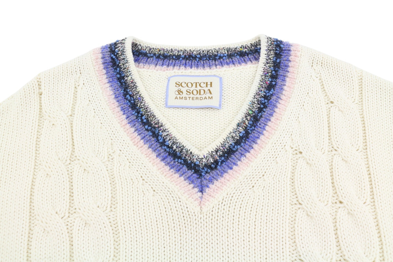 SCOTCH & SODA Men Jumper M White Oversized Cable Knit V-Neck Pull On