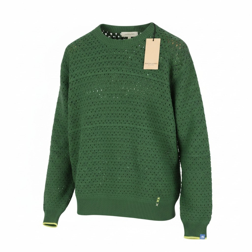 SCOTCH & SODA Men Jumper L Green Open Knit Crew Neck Stretch Pull On