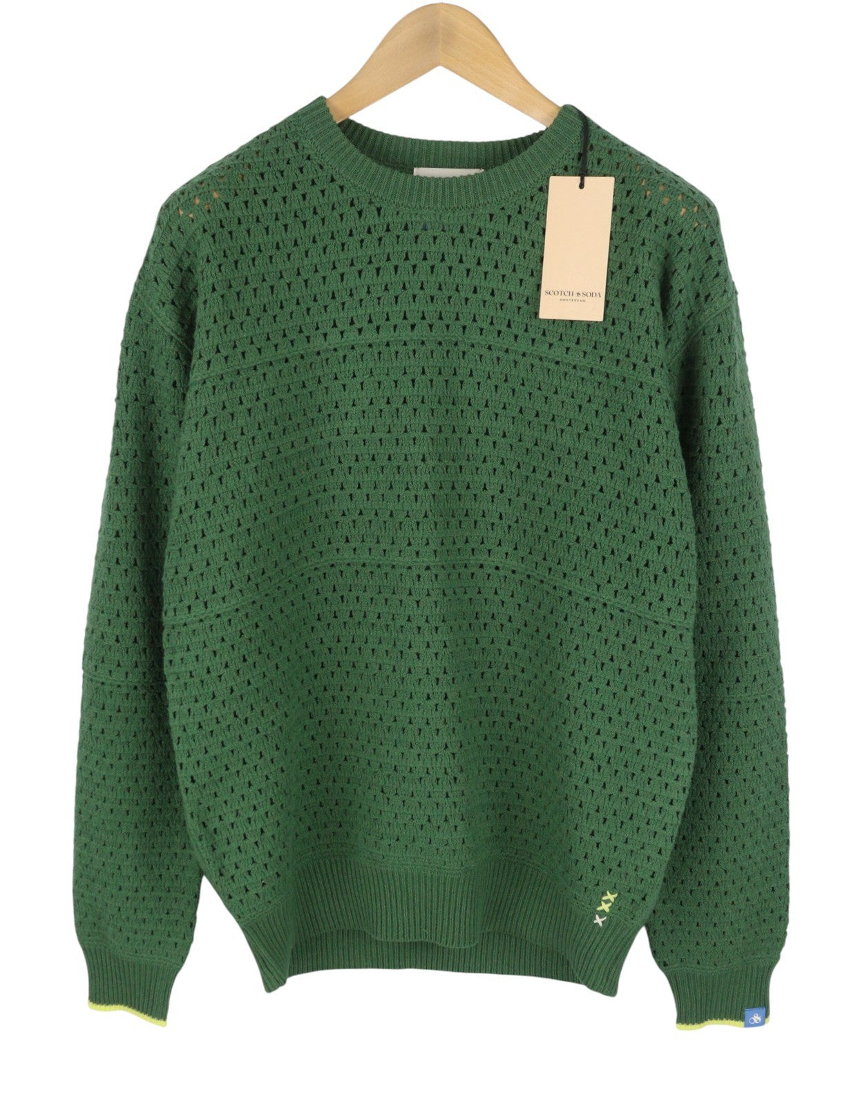 SCOTCH & SODA Men Jumper L Green Open Knit Crew Neck Stretch Pull On