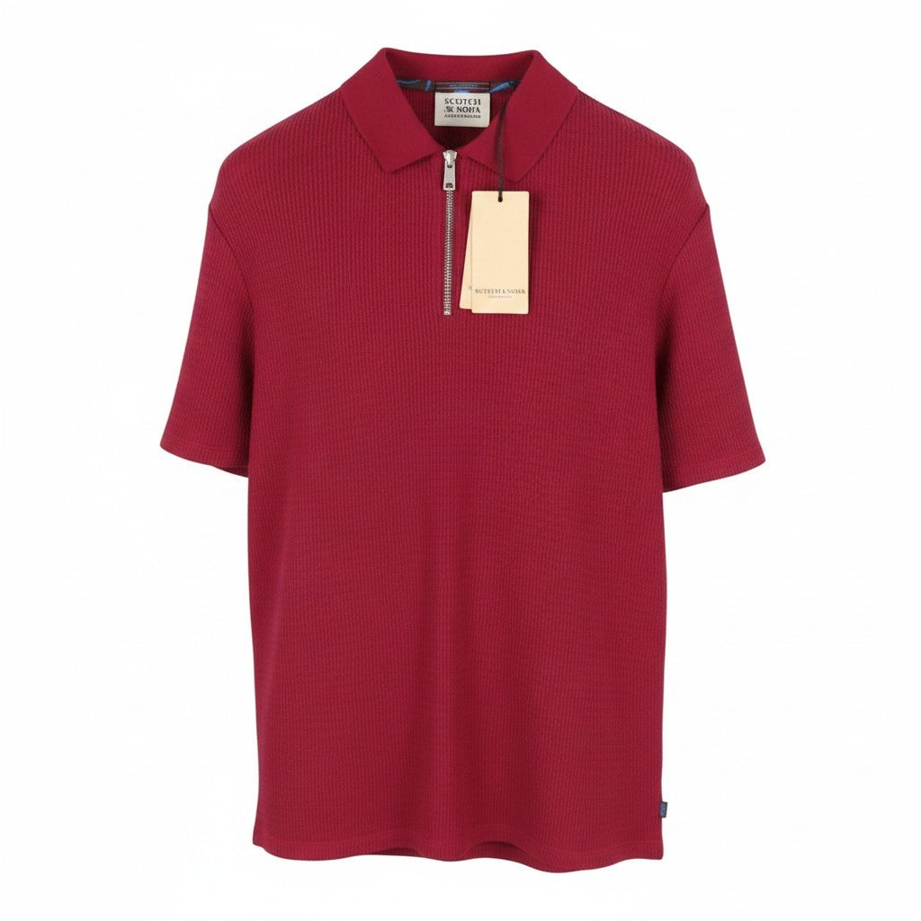 SCOTCH & SODA Men Polos M Cherry Red Knitted Half Zip Short Sleeve