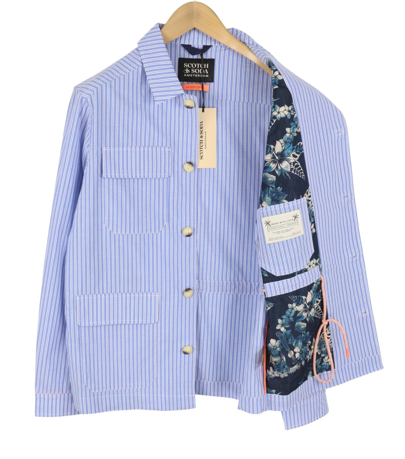 SCOTCH & SODA Men Jacket M Blue Pinstriped Button Up Patch Pocket Lightweight