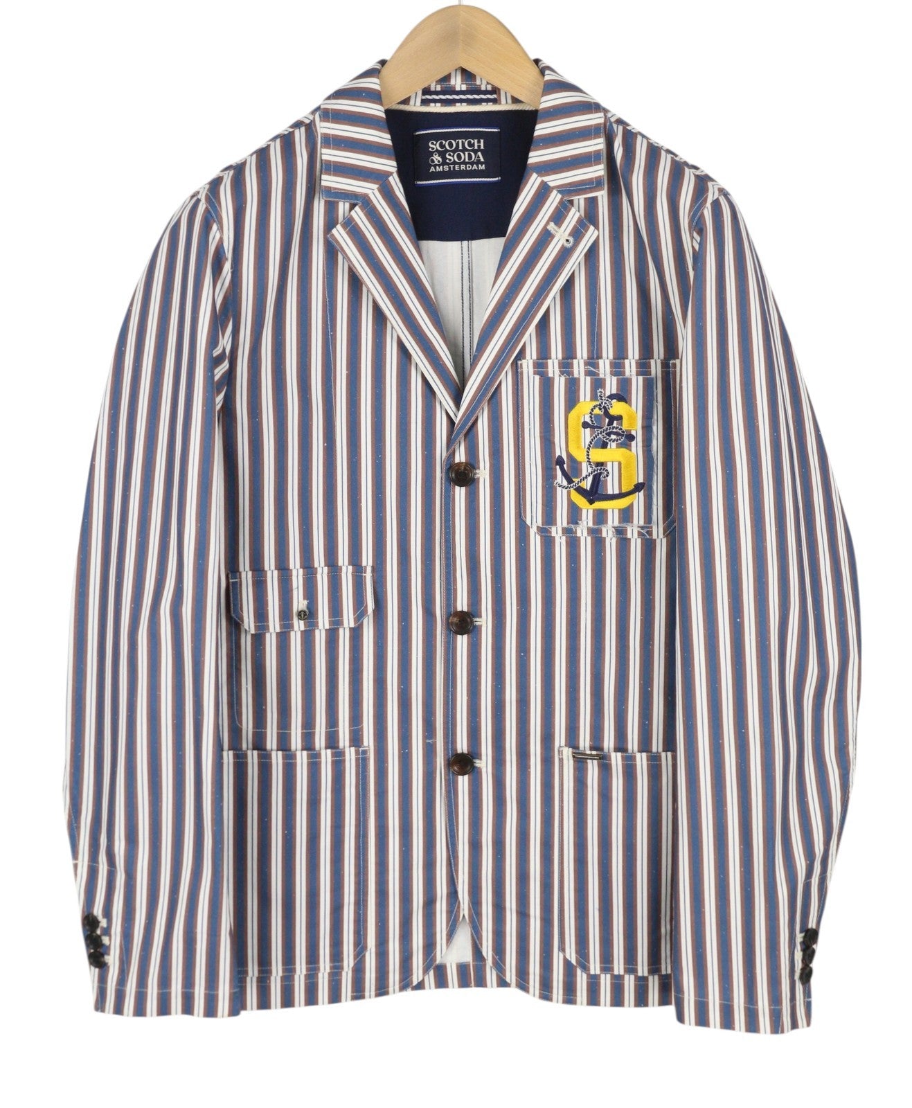 SCOTCH & SODA Men Blazer M Blue Pinstriped Notch Lapel Single Breasted