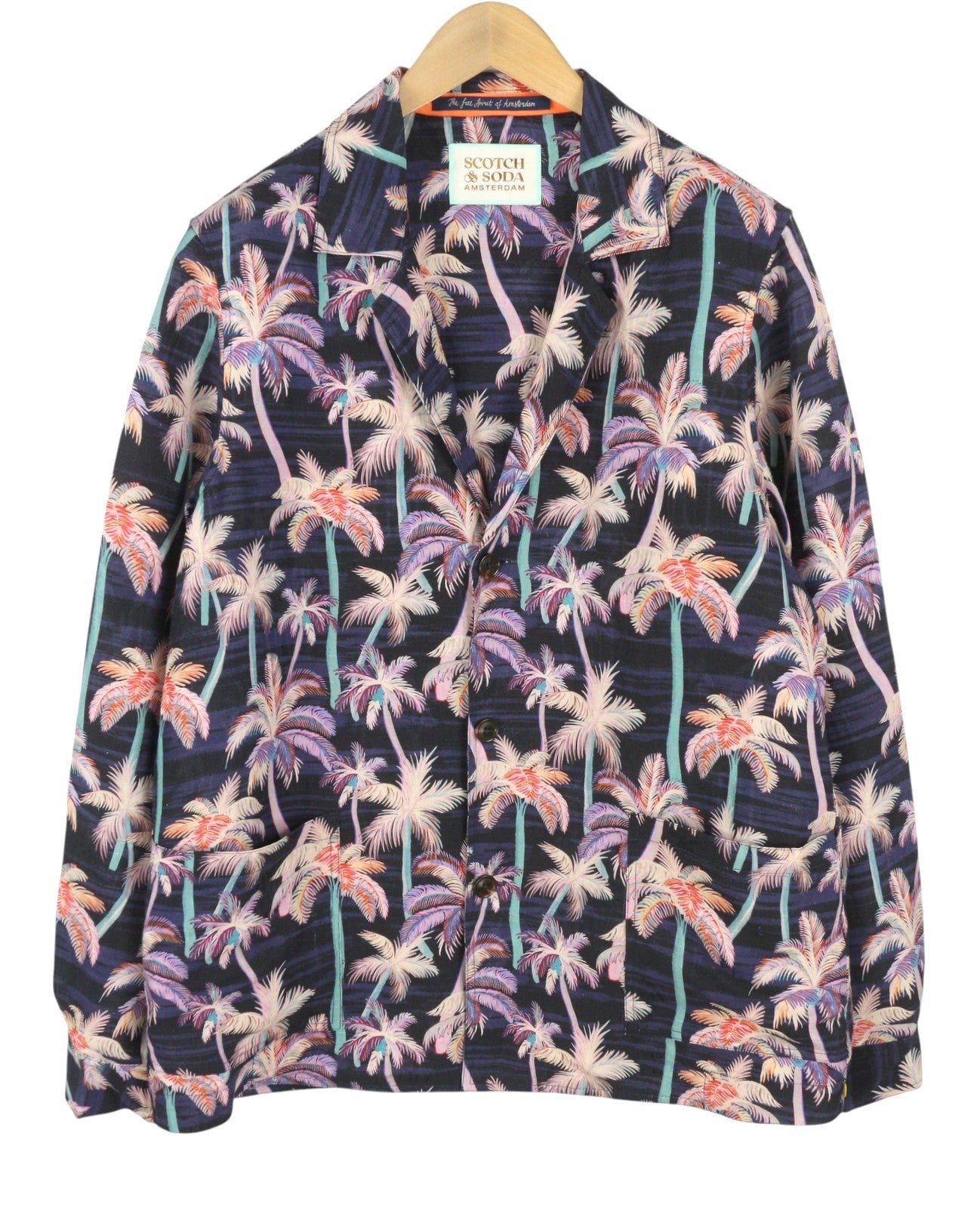 SCOTCH & SODA Men Blazer XL Dark Blue Palm Tree Print Notch Lapel Thin