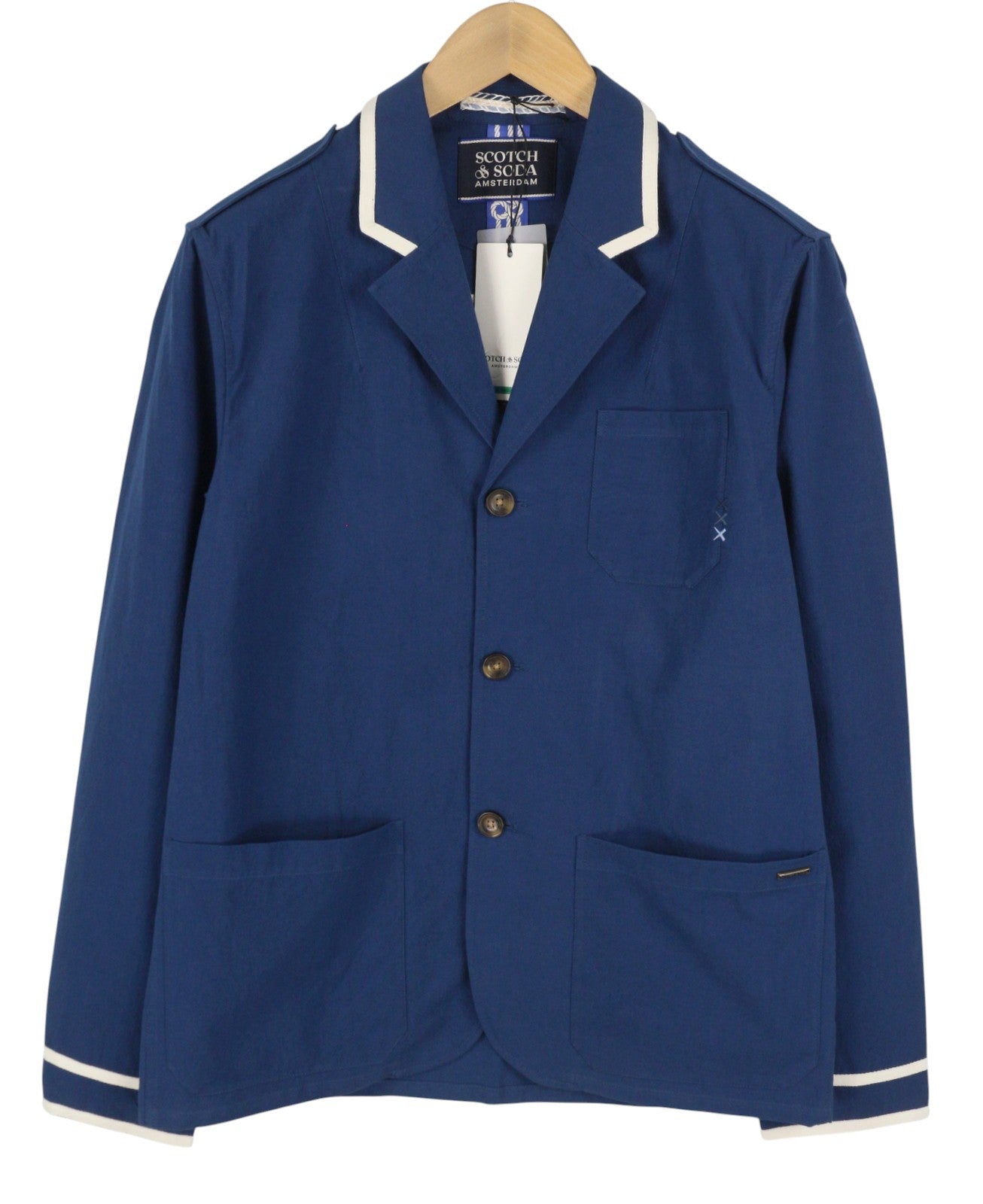 SCOTCH & SODA Men Blazer M Blue Cotton Notch Lapel Single Breasted