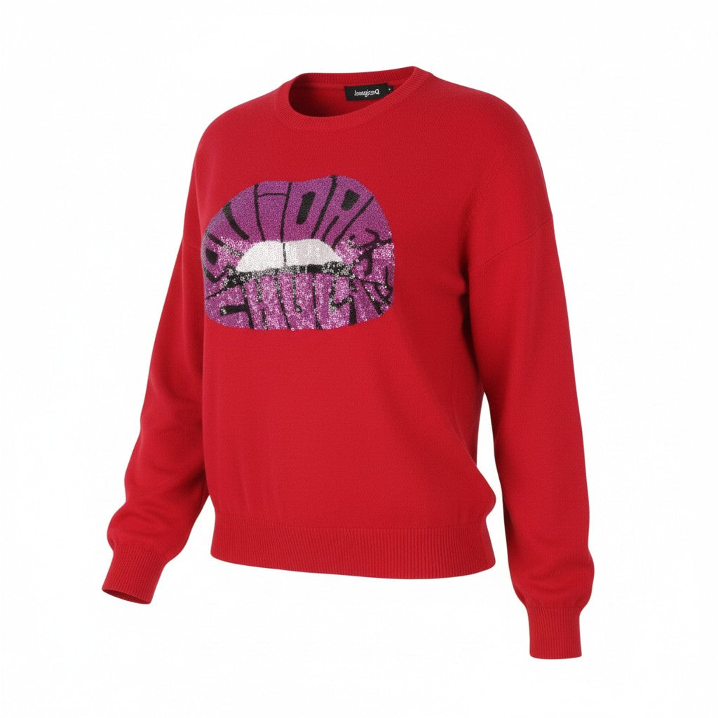 DESIGUAL Esopo Women's Jumper XL Red Metallic Lip Graphic Knit Pull On