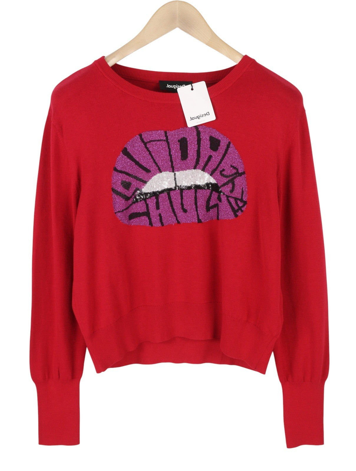 DESIGUAL Esopo Women's Jumper XL Red Metallic Lip Graphic Knit Pull On