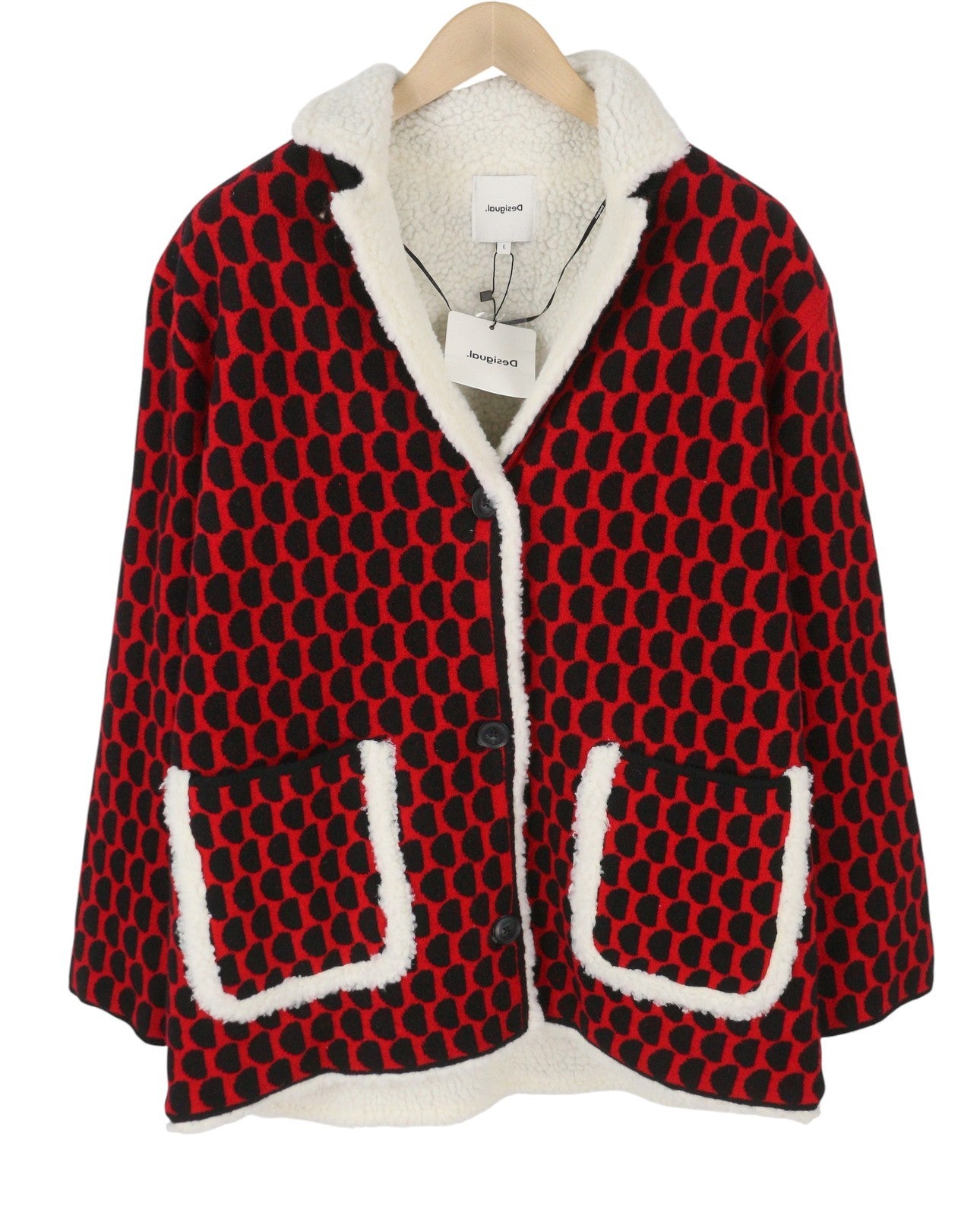 DESIGUAL Jers Denver Women's Coat L Red Pattern Tricot Fleece Button Loose