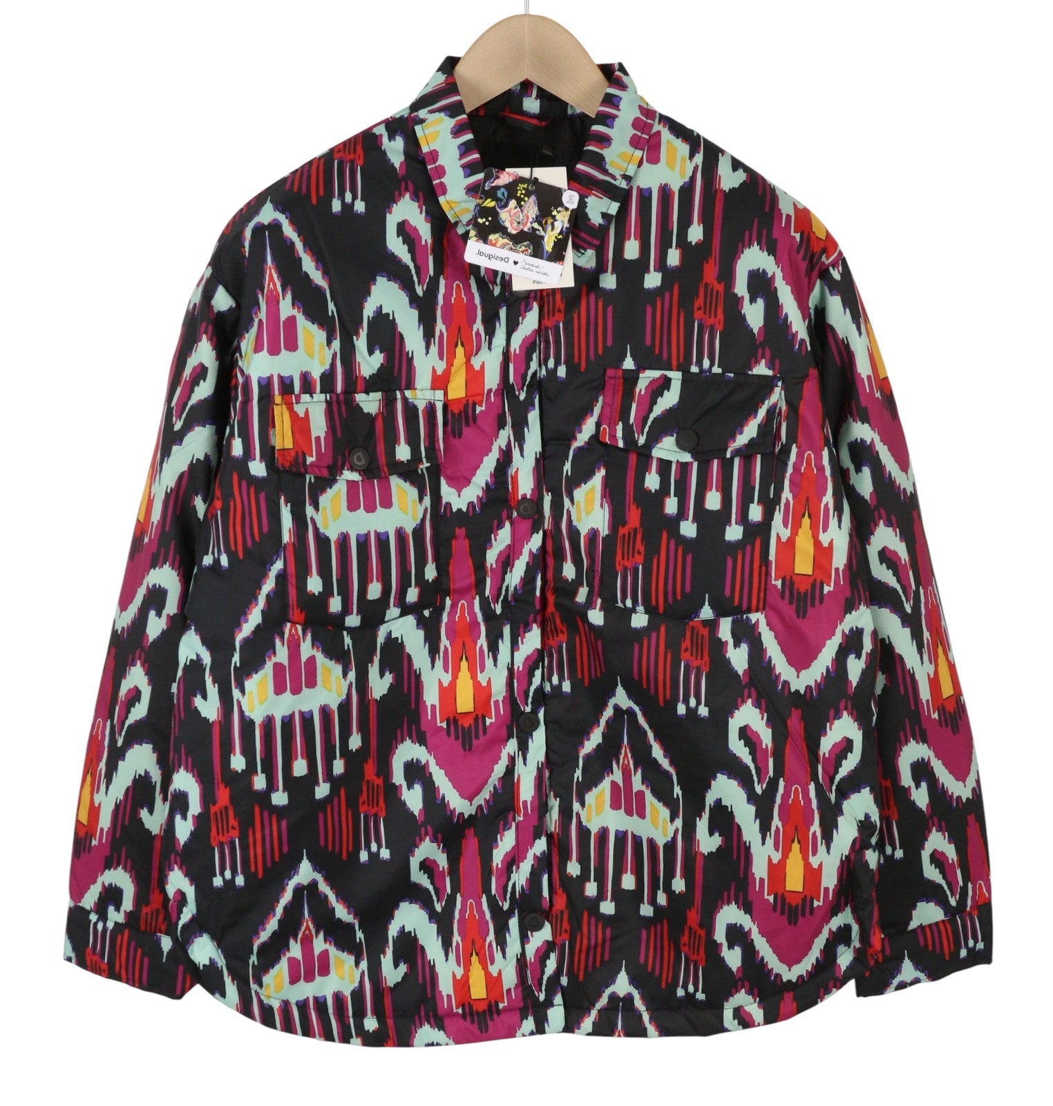 DESIGUAL Eliot Women's Jacket XL Multi Abstract Print Padded Snap Button Coat