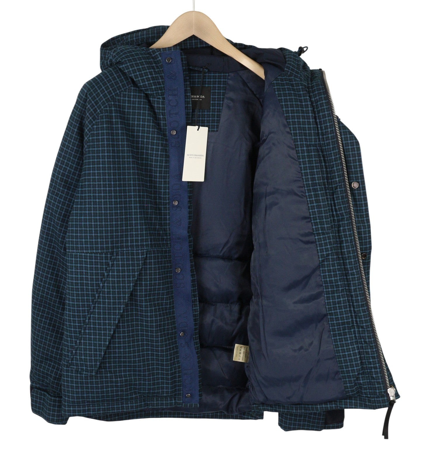 SCOTCH & SODA Men's Jacket M Blue Check Padded Hooded Zip Casual Coat