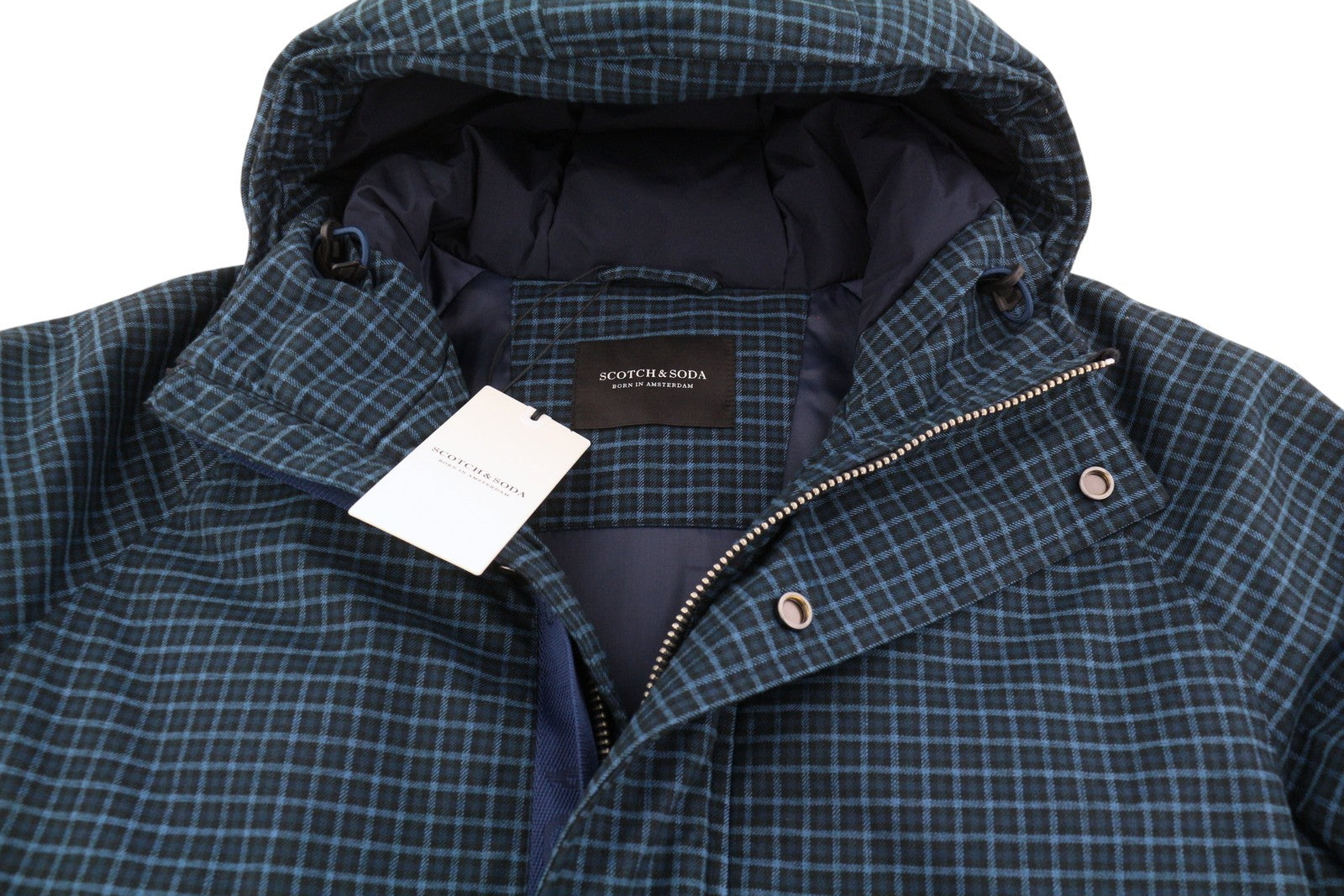 SCOTCH & SODA Men's Jacket M Blue Check Padded Hooded Zip Casual Coat