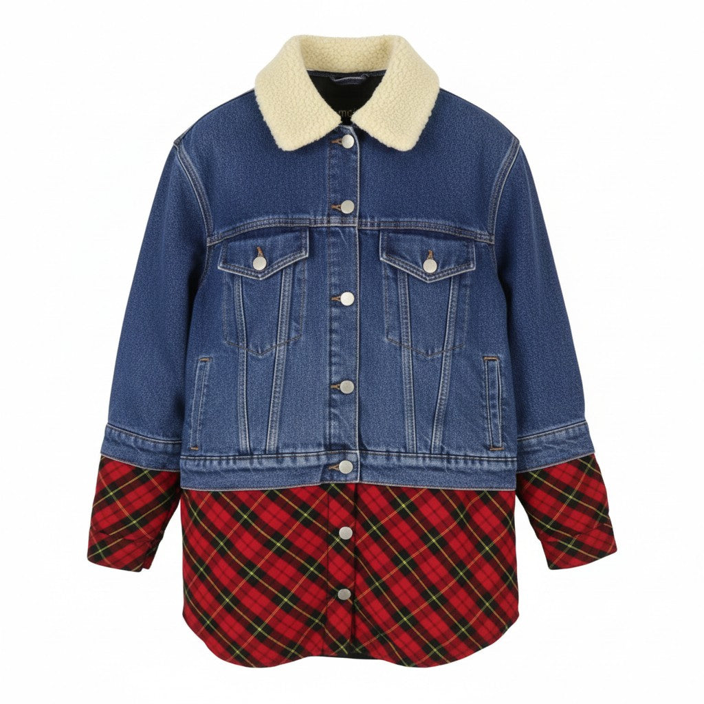 MAJE Bergamo Women's Jacket 40 L Blue Check Denim Trucker Faux Layer Button