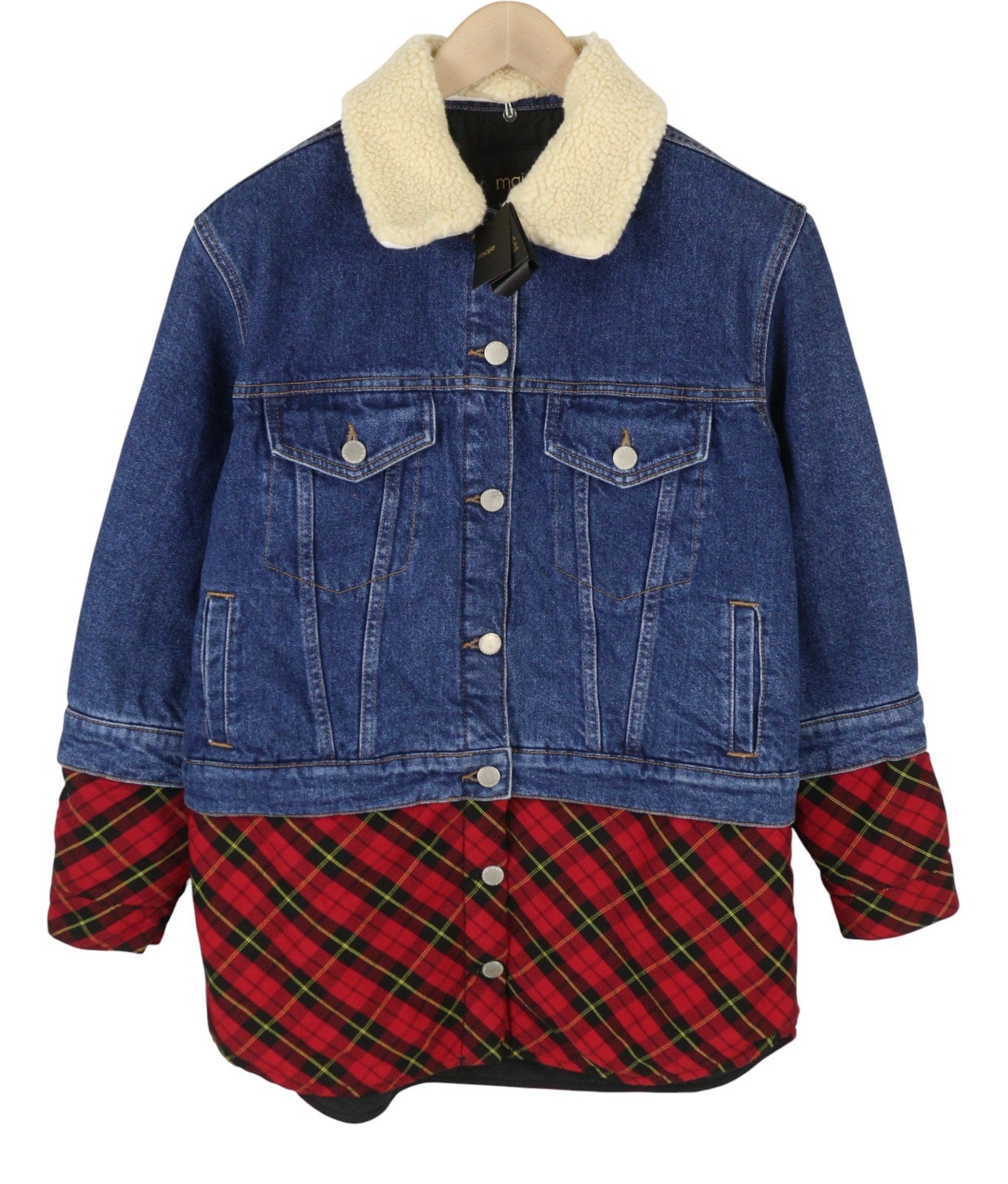 MAJE Bergamo Women's Jacket 40 L Blue Check Denim Trucker Faux Layer Button