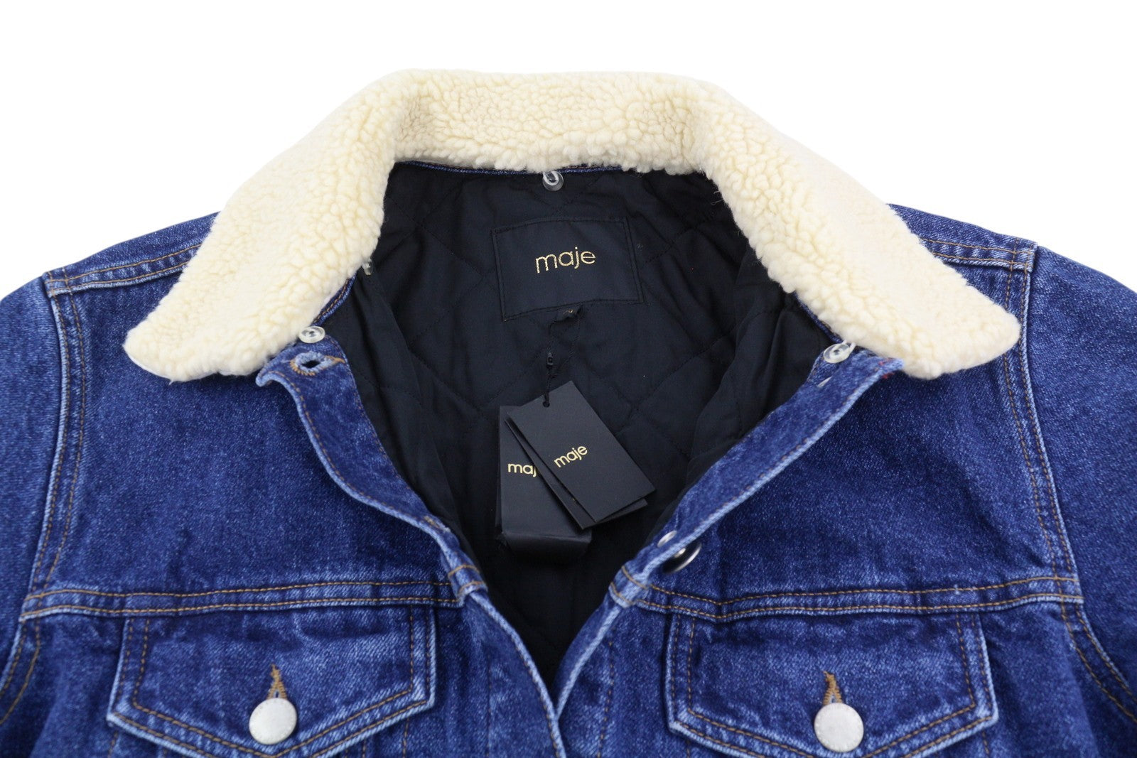 MAJE Bergamo Women's Jacket 40 L Blue Check Denim Trucker Faux Layer Button