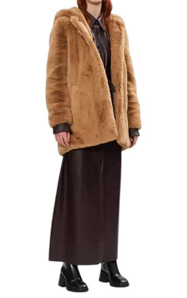 SANDRO Women's Jacket 38 M Brown Plush Faux Fur Hooded Snap Mid-Length Coat