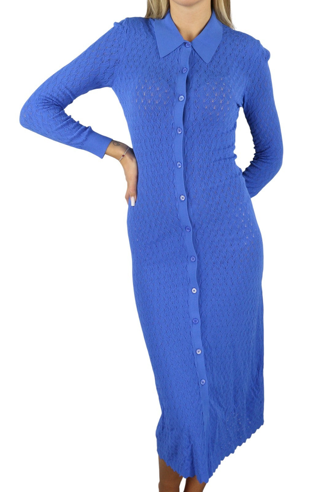 MAJE Maline Women's Dress 1 S Blue Knit Button-Up Long Sleeve Midi